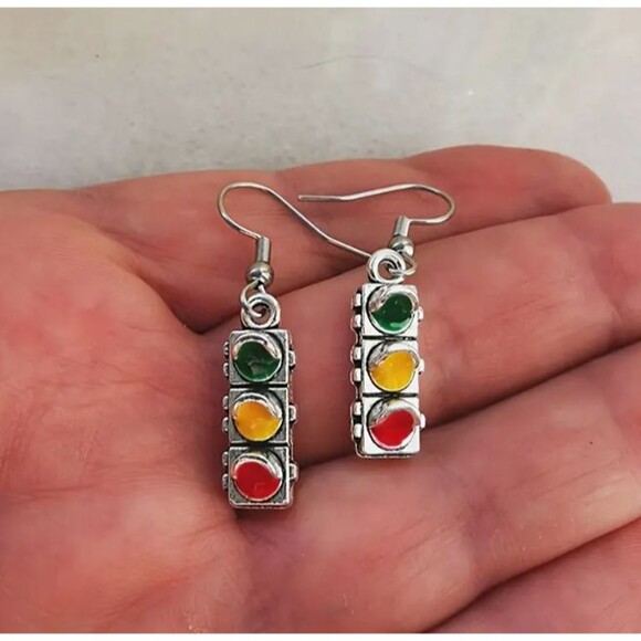 Stop Light Earrings Silver Dangle Red Green Yellow - Picture 1 of 8